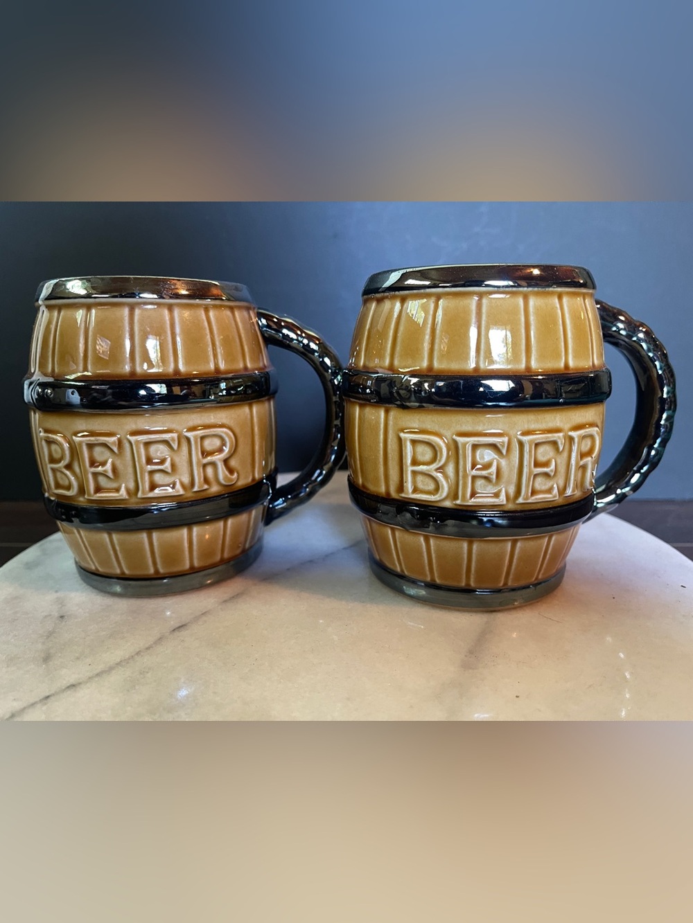 Vintage beer barrel stein mugs. Japan.